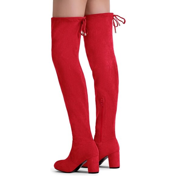 Women's Red Suede Inner Zipper Thigh High Over The Knee High Square Heel Boots - Picture 6 of 8